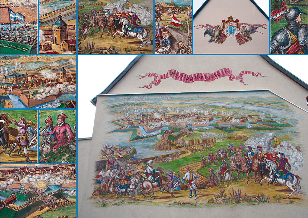 Foto des Wandbildes mit Detailaufnahmen, Panorama der Festung während Kampfhandlungen stattfinden.